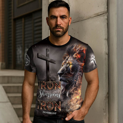 Iron Sharpens Iron Fiery Lion Cross Christian T-Shirt