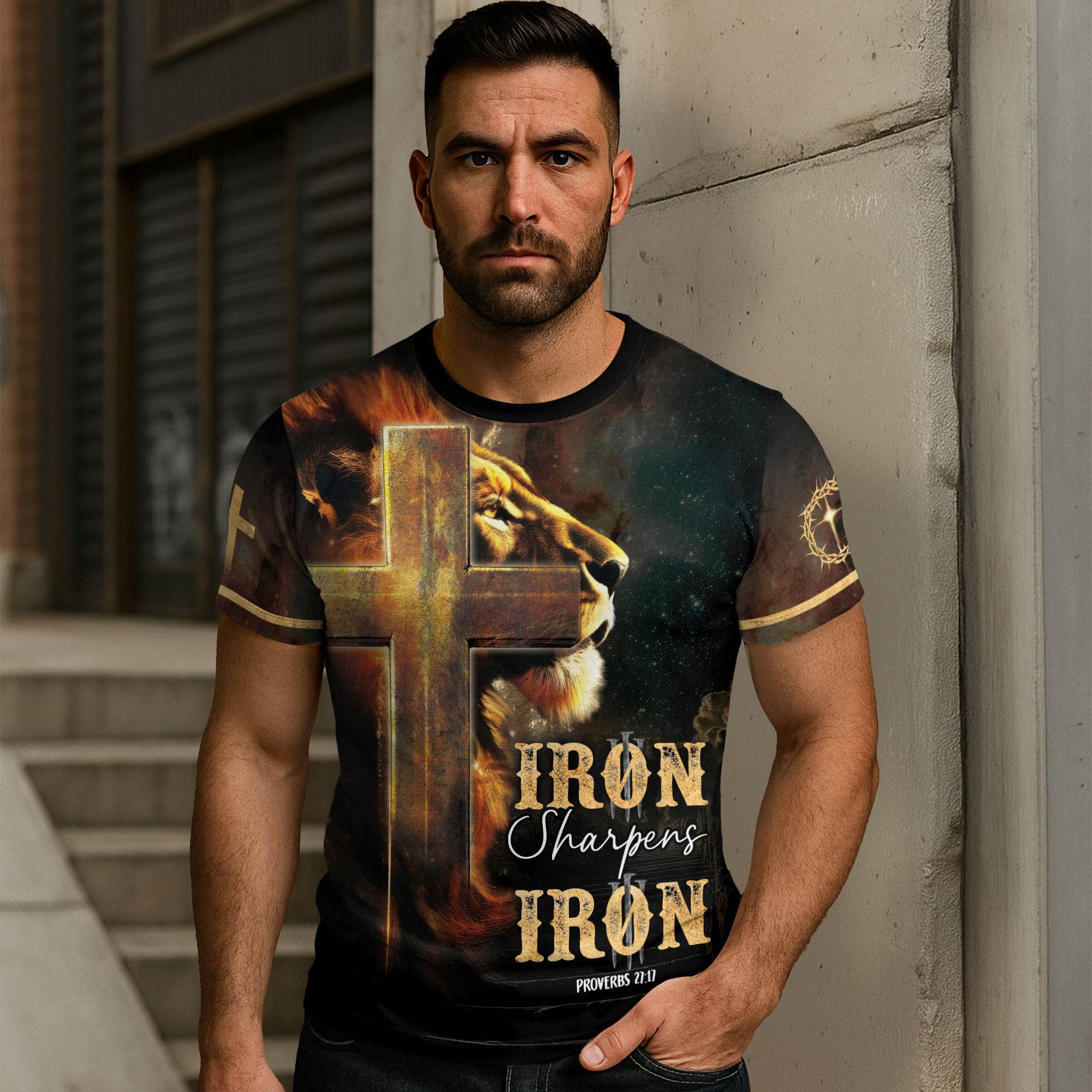 Iron Sharpens Iron Lion Cross Christian T-Shirt