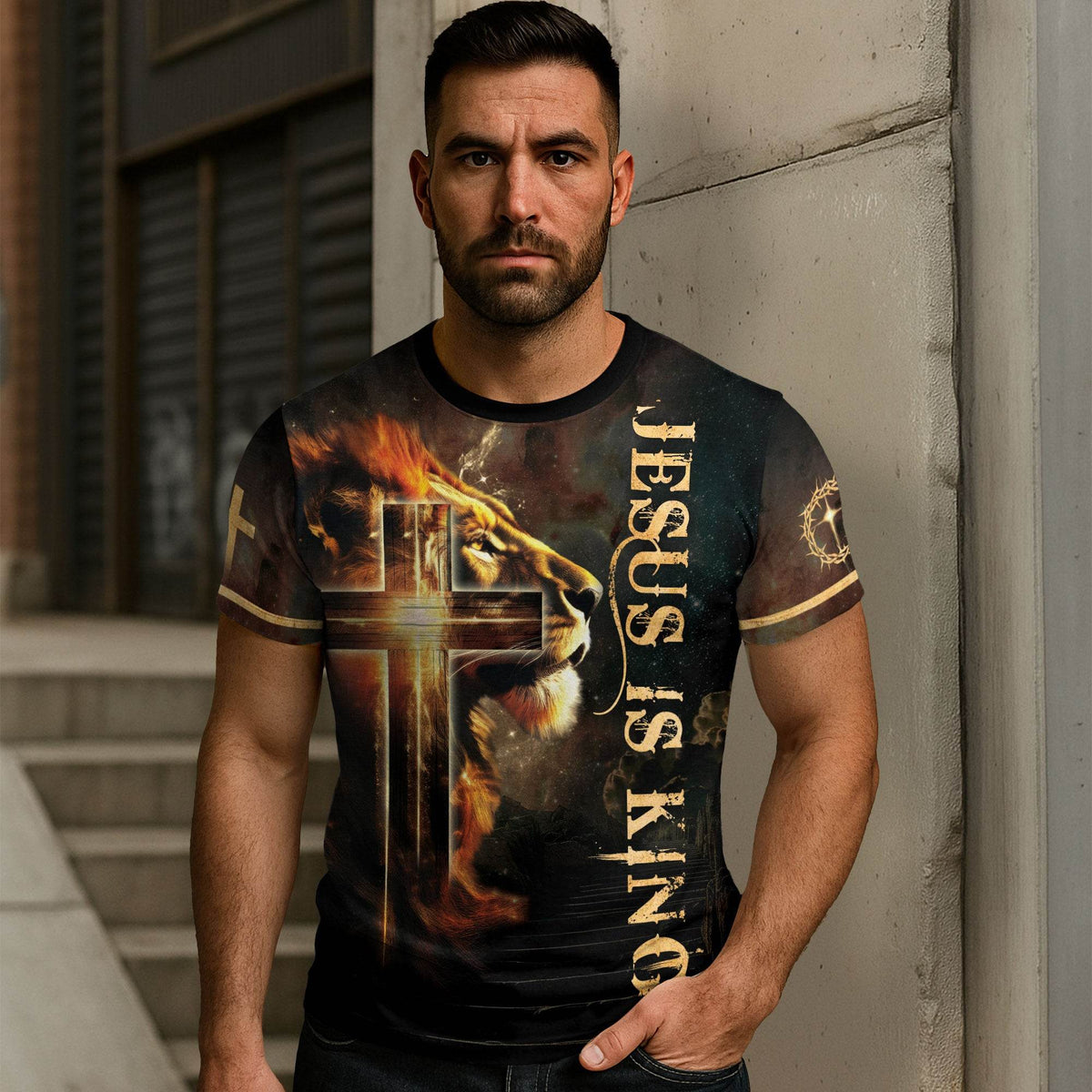 Jesus Is King Glowing Cross Of Light And Lion T-Shirt