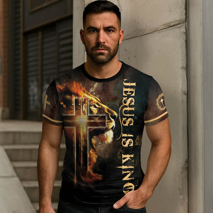 Jesus Is King Glowing Cross Of Light And Lion T-Shirt
