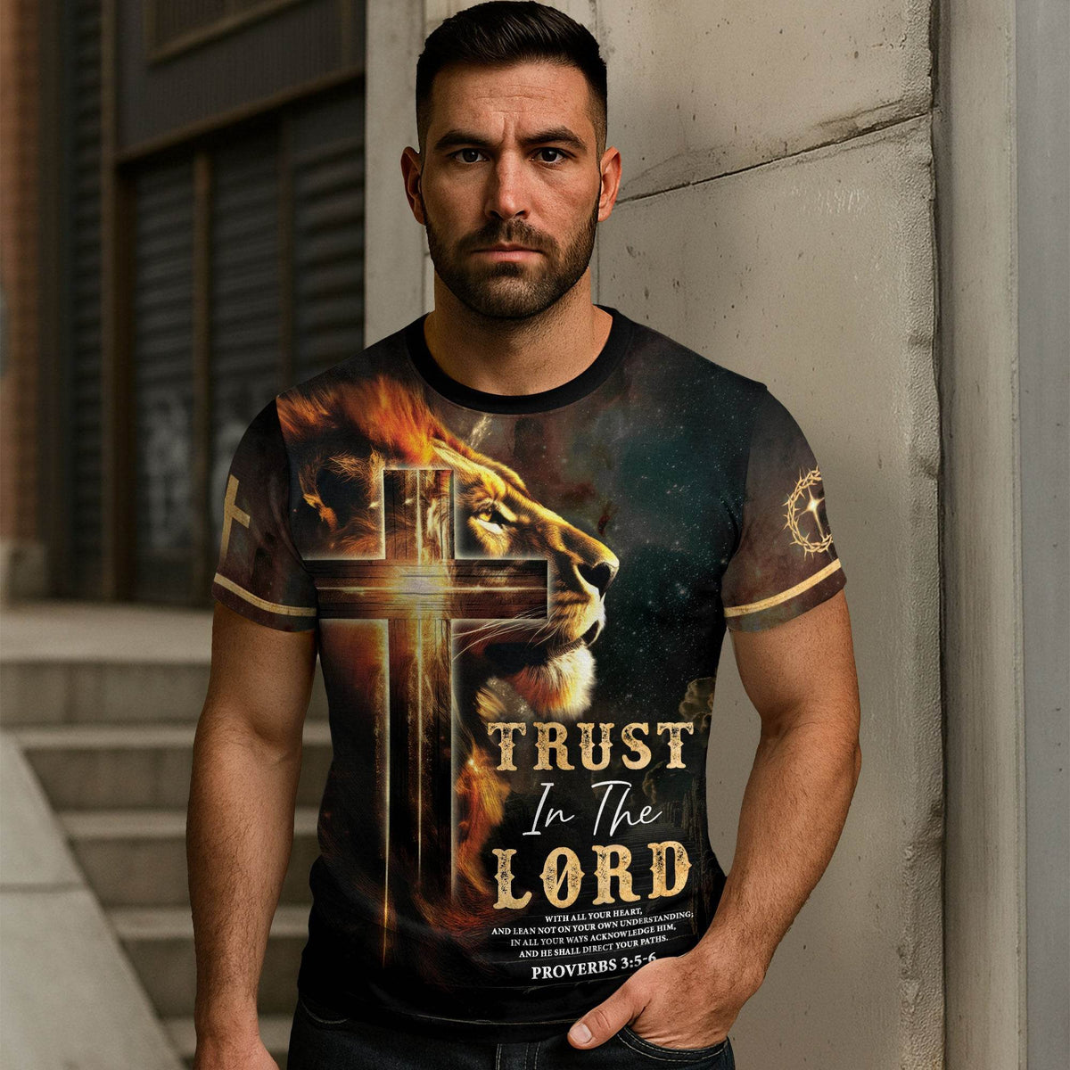 Trust In The Lord Proverbs 3:5-6 Lion And Cross T-Shirt