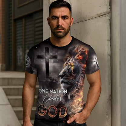 One Nation Under God Fiery Lion Cross Christian T-Shirt
