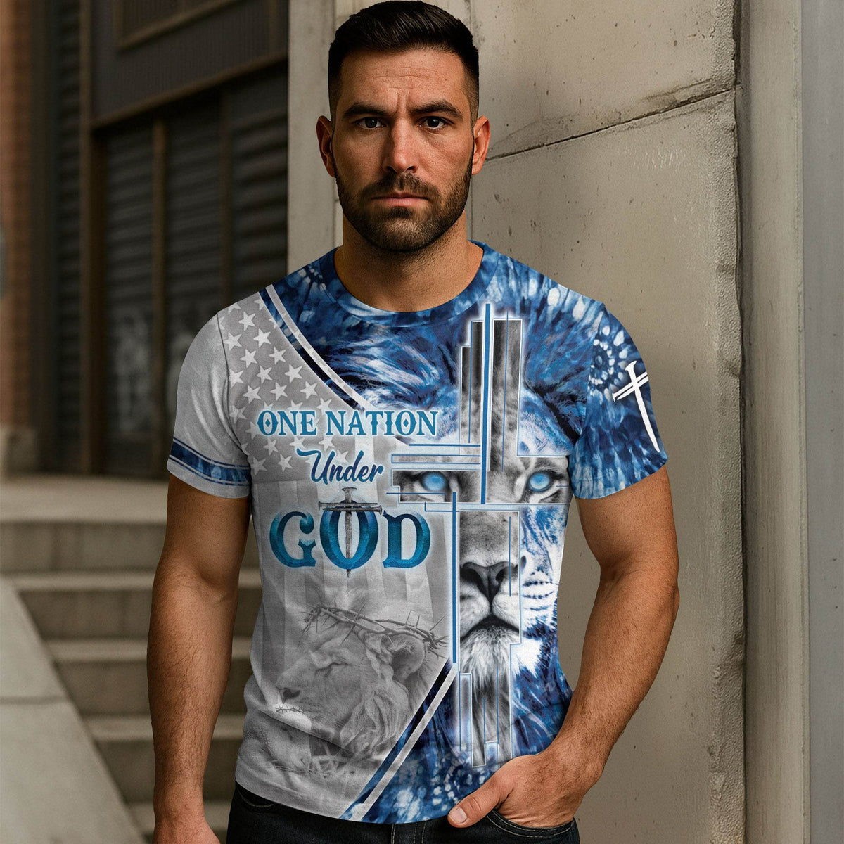 One Nation Under God Blue Lion Cross Christian T-Shirt
