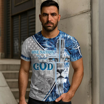 One Nation Under God Blue Lion Cross Christian T-Shirt