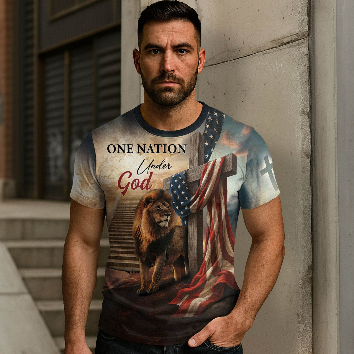 One Nation Under God Lion Cross Heaven Stairs T-Shirt