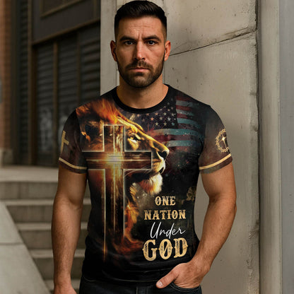 One Nation Under God Lion Cross American Flag T-Shirt