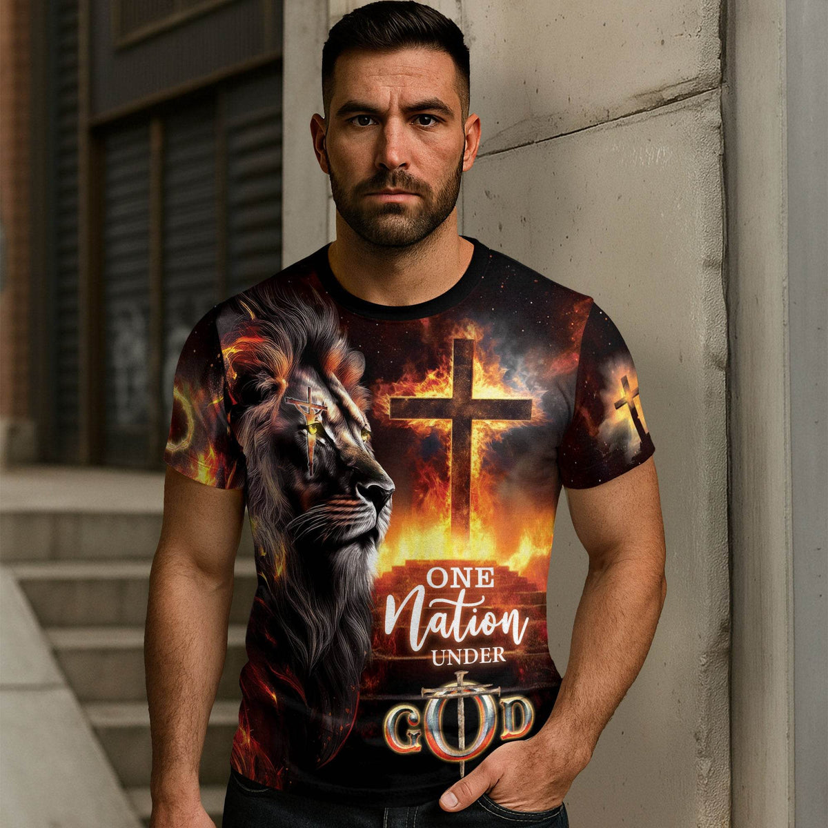 One Nation Under God Fire Cross Lion Christian T-Shirt