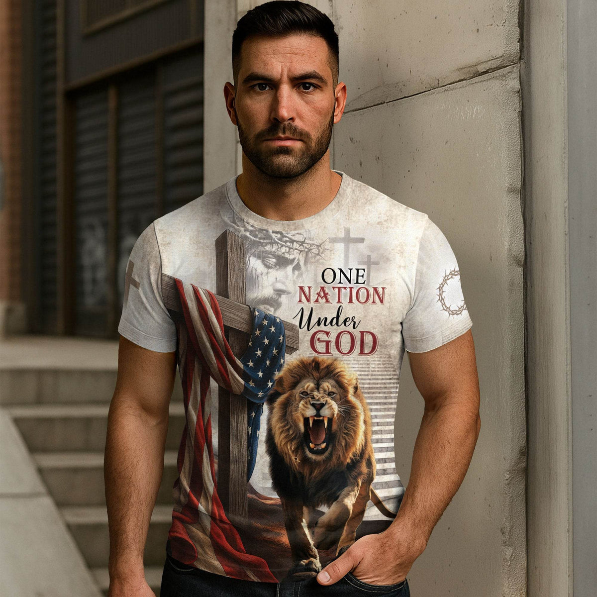 One Nation Under God American Flag Lion Christian T-Shirt