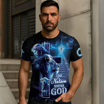 One Nation Under God Heavenly Lion Lamb Cross T-Shirt