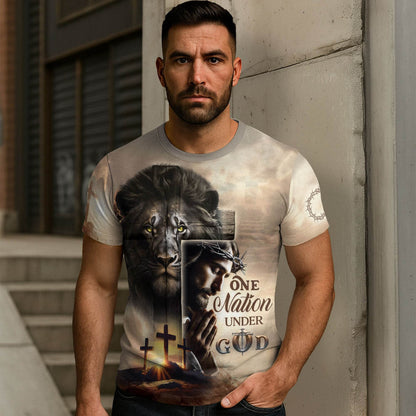 One Nation Under God Sunrise Lion Cross Christian T-Shirt