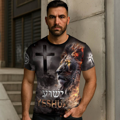 Yeshua Lion of Judah & Fiery Cross Christian T-Shirt