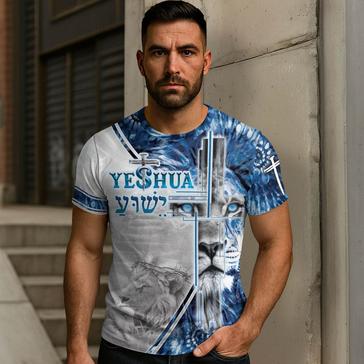Yeshua Jesus Lion & Lamb Heavenly Blue Cross Christian T-Shirt