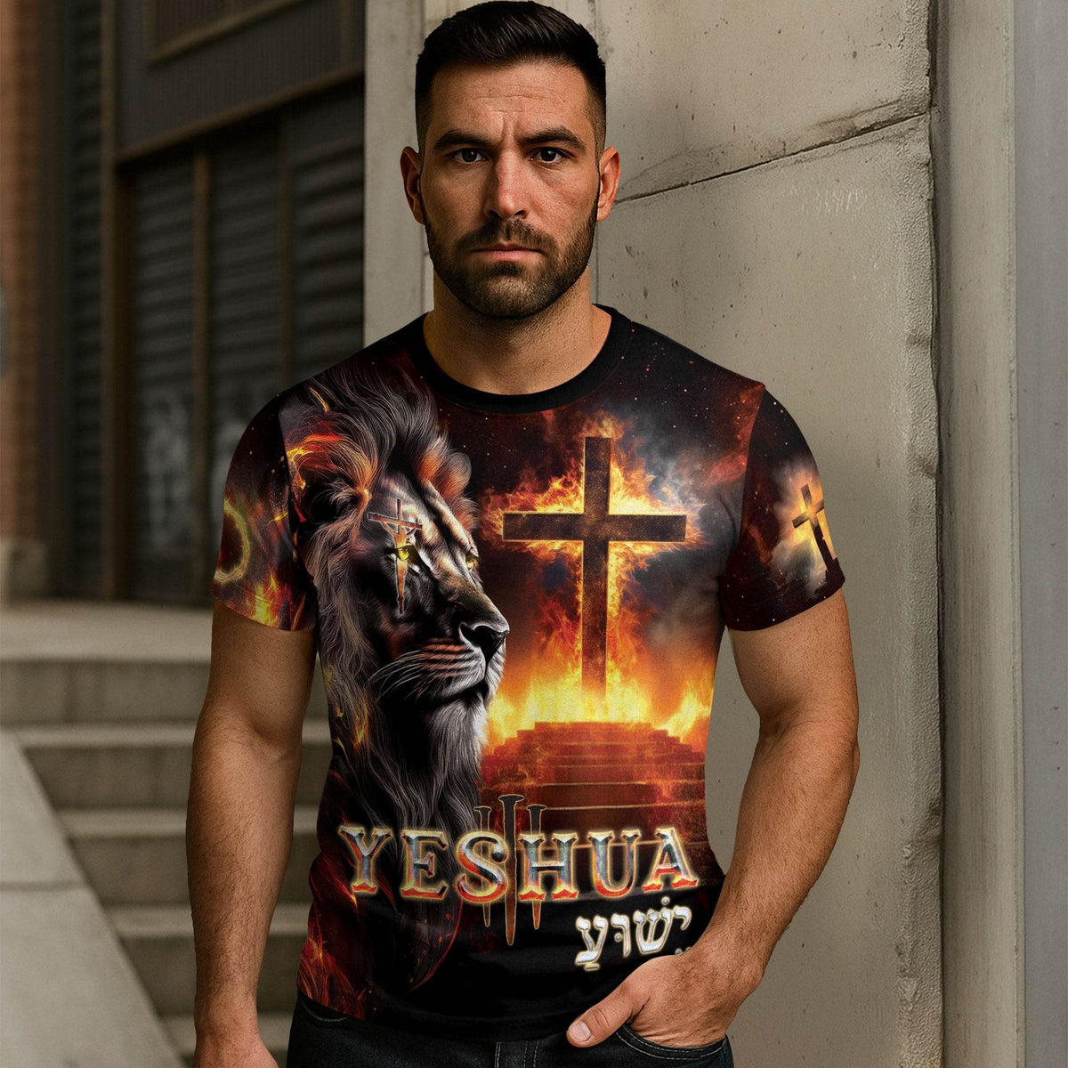 Yeshua Lion of Judah Fiery Cross Christian T-Shirt