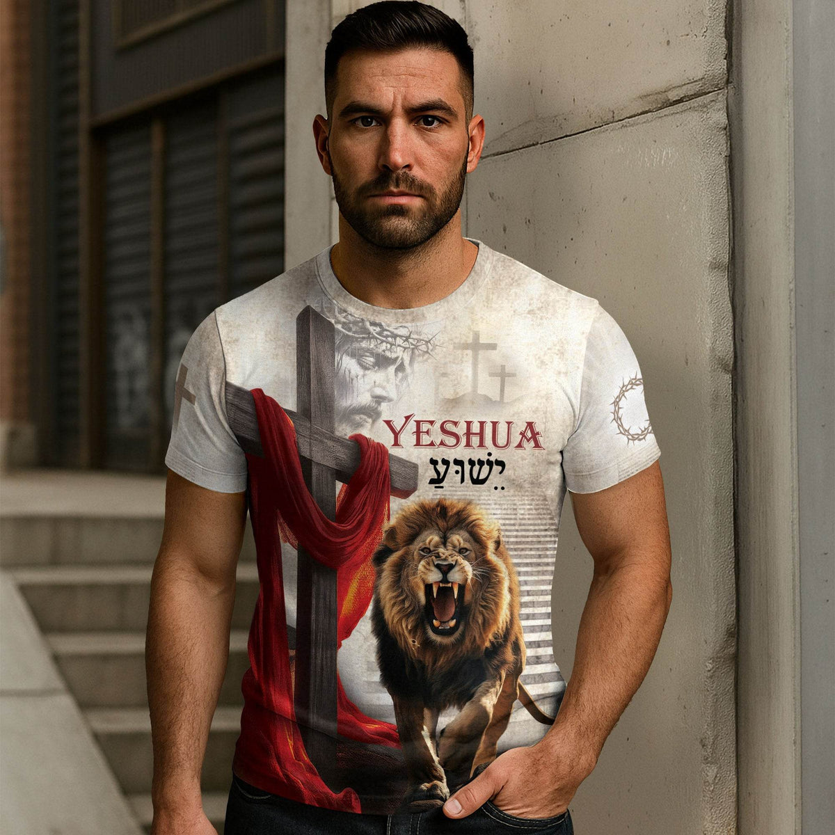 Yeshua Lion of Judah Cross Red Cloth Christian T-Shirt