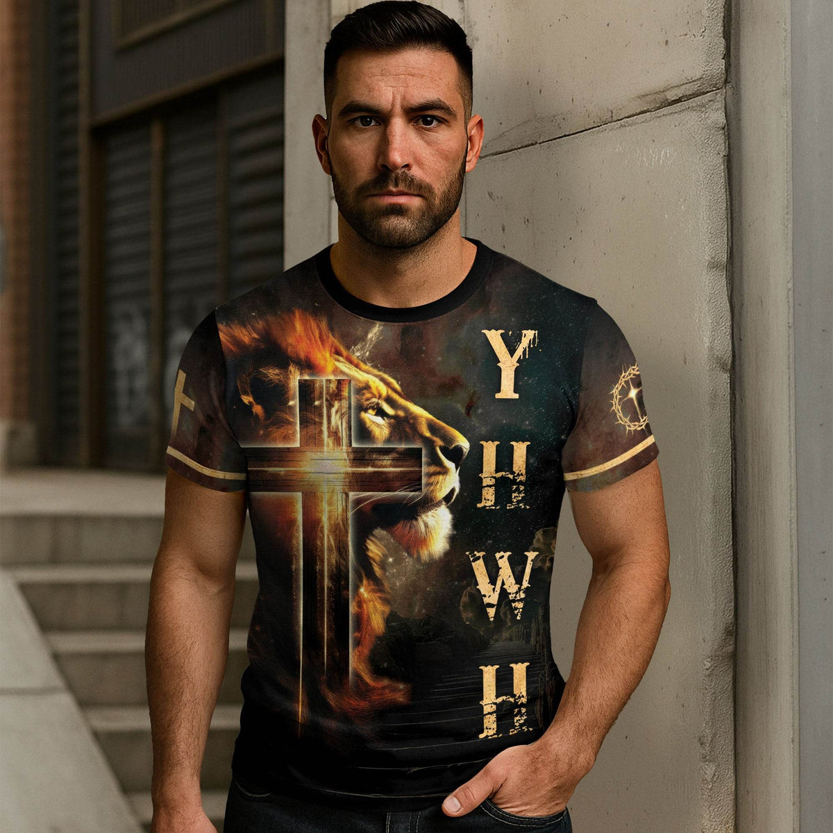 YHWH Lion of Judah Radiant Cross Christian T-Shirt