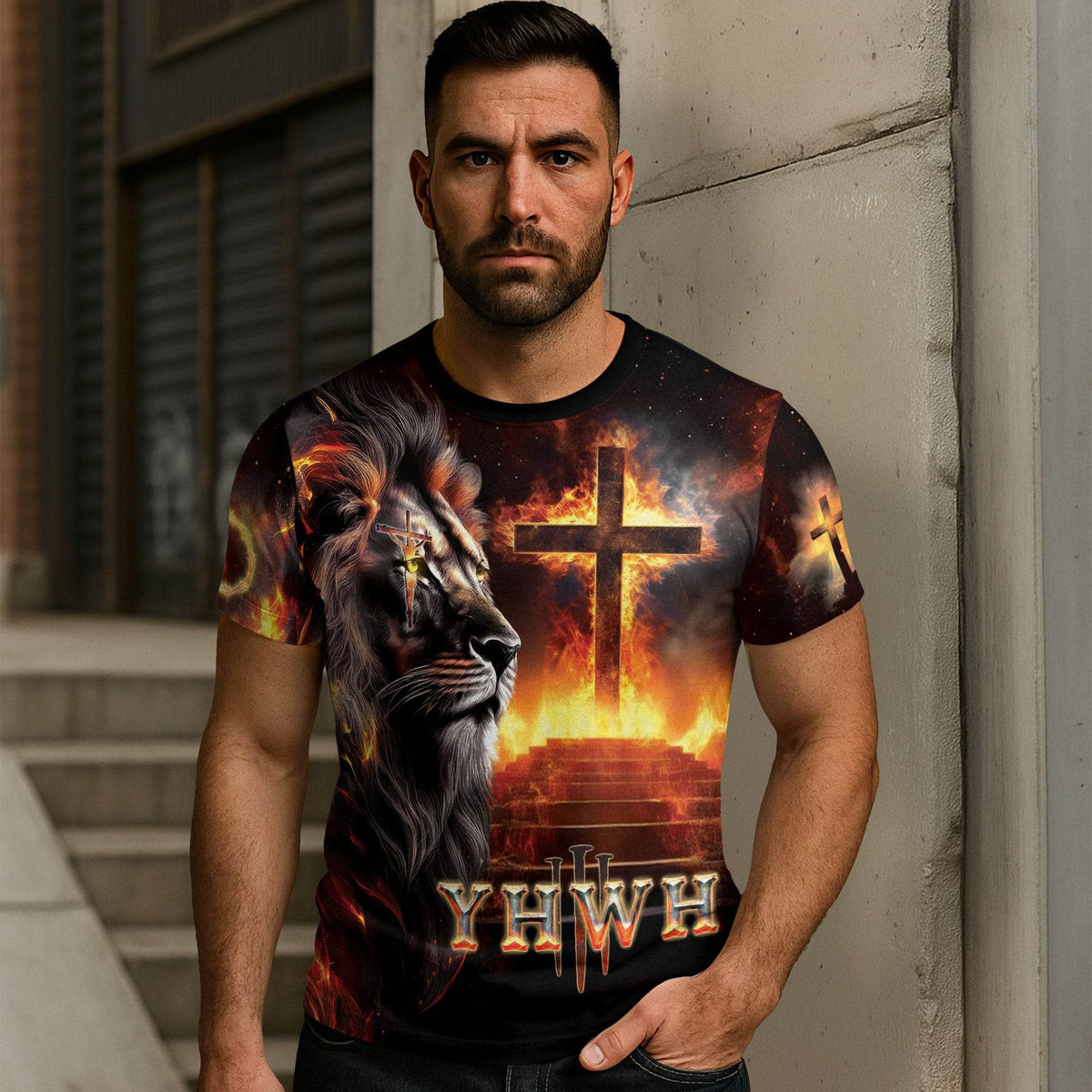 YHWH Fiery Lion of Judah & Burning Cross Christian T-Shirt