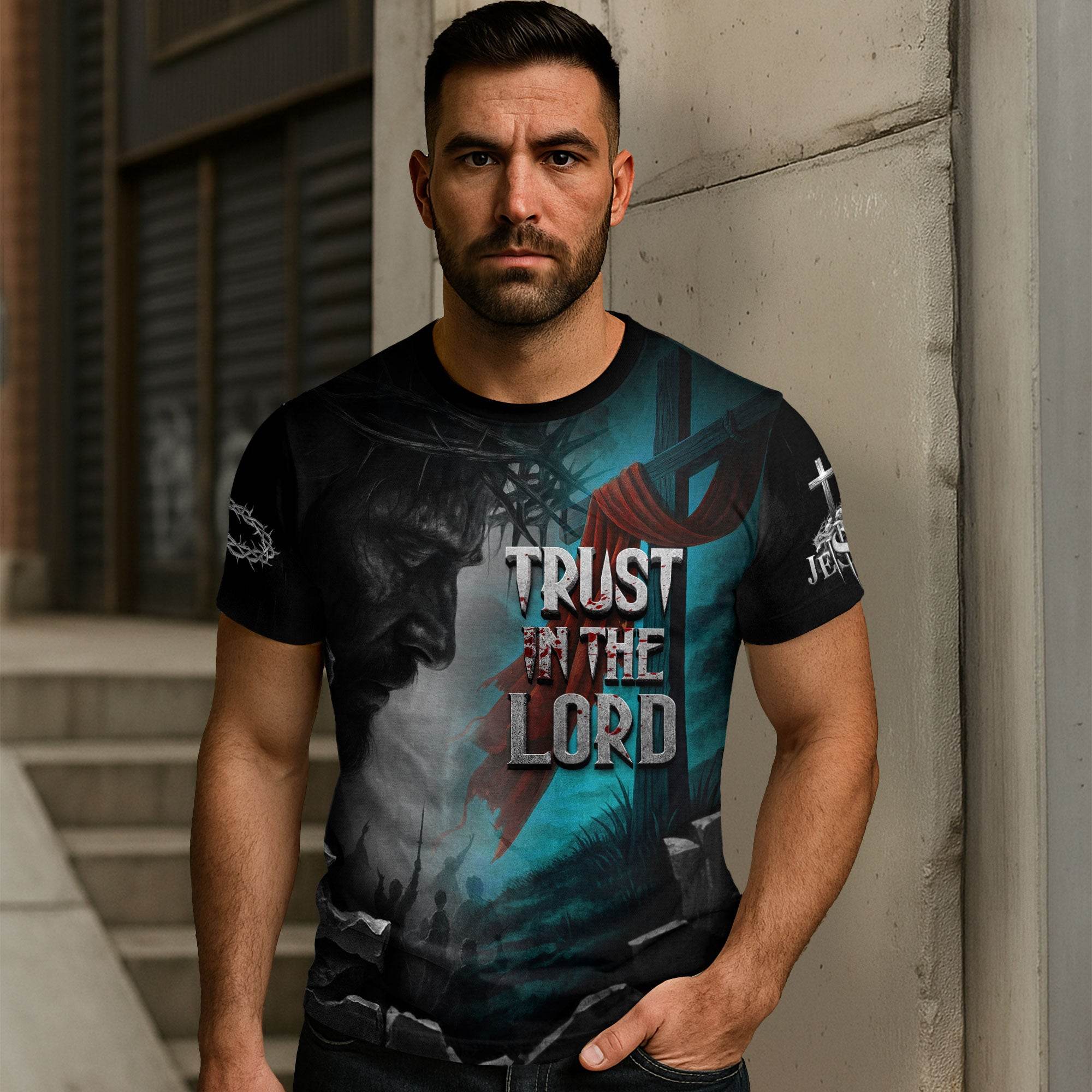 Trust In The Lord Cross & Lion Design T-Shirt