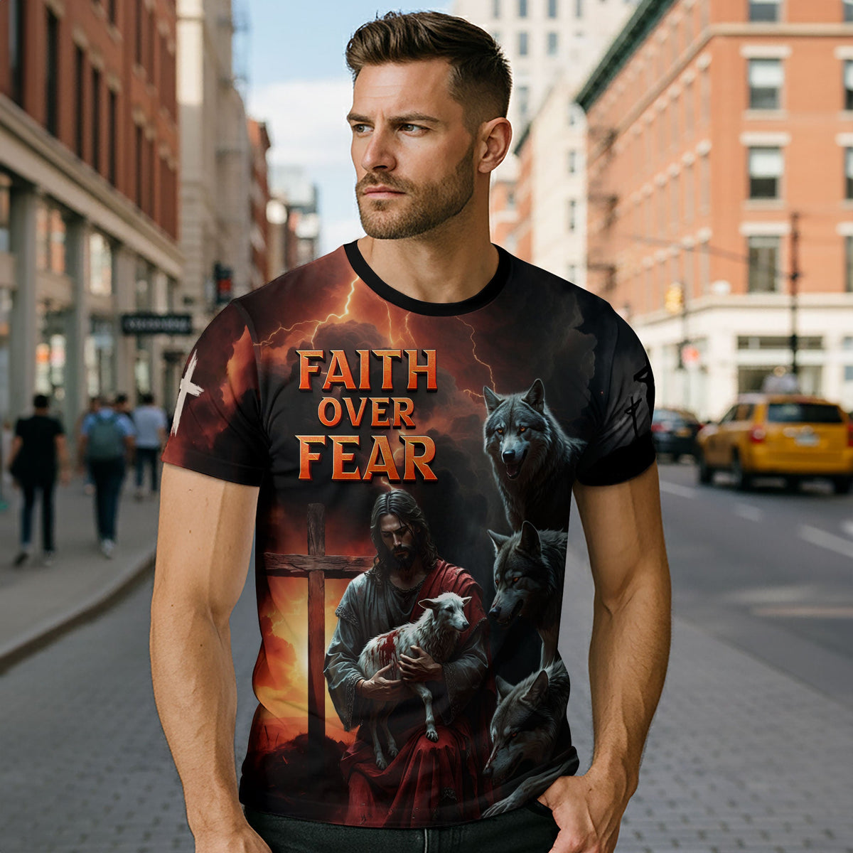 Faith Over Fear Jesus Protecting the Lamb Among Wolves Christian T-Shirt