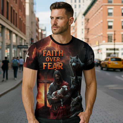 Faith Over Fear Jesus Protecting the Lamb Among Wolves Christian T-Shirt