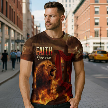 Faith Over Fear Lion & Cross in Flames Christian T-Shirt