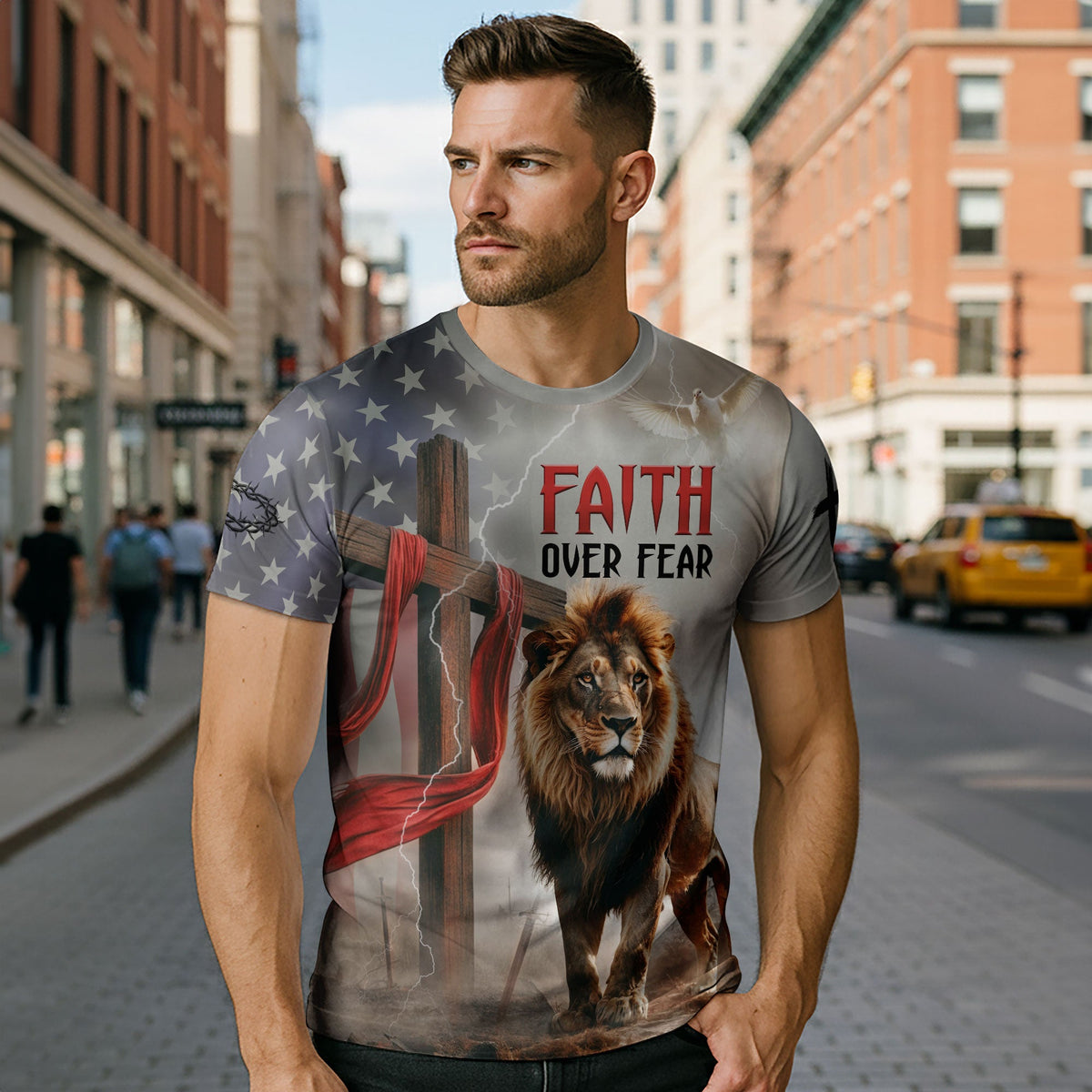Faith Over Fear American Flag Lion & Cross Christian T-Shirt