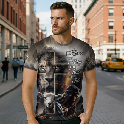 Jesus The Way The Truth The Life Lion Lamb Cross T-Shirt