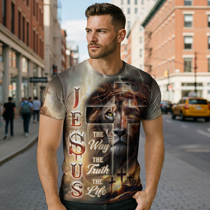 Jesus The Way The Truth The Life Lion & Cross Lightning Christian T-Shirt