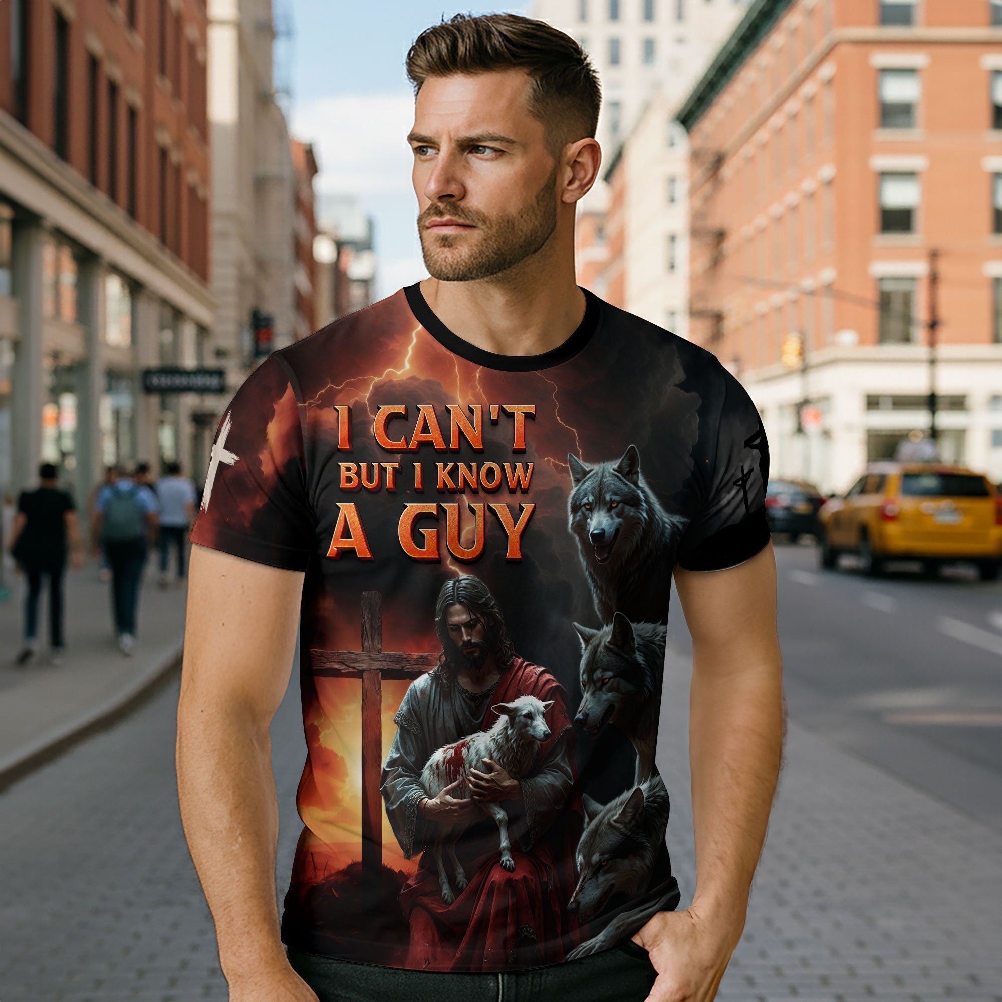 I Can’t But I Know A Guy Jesus and Lion of Judah Fire Christian T-Shirt