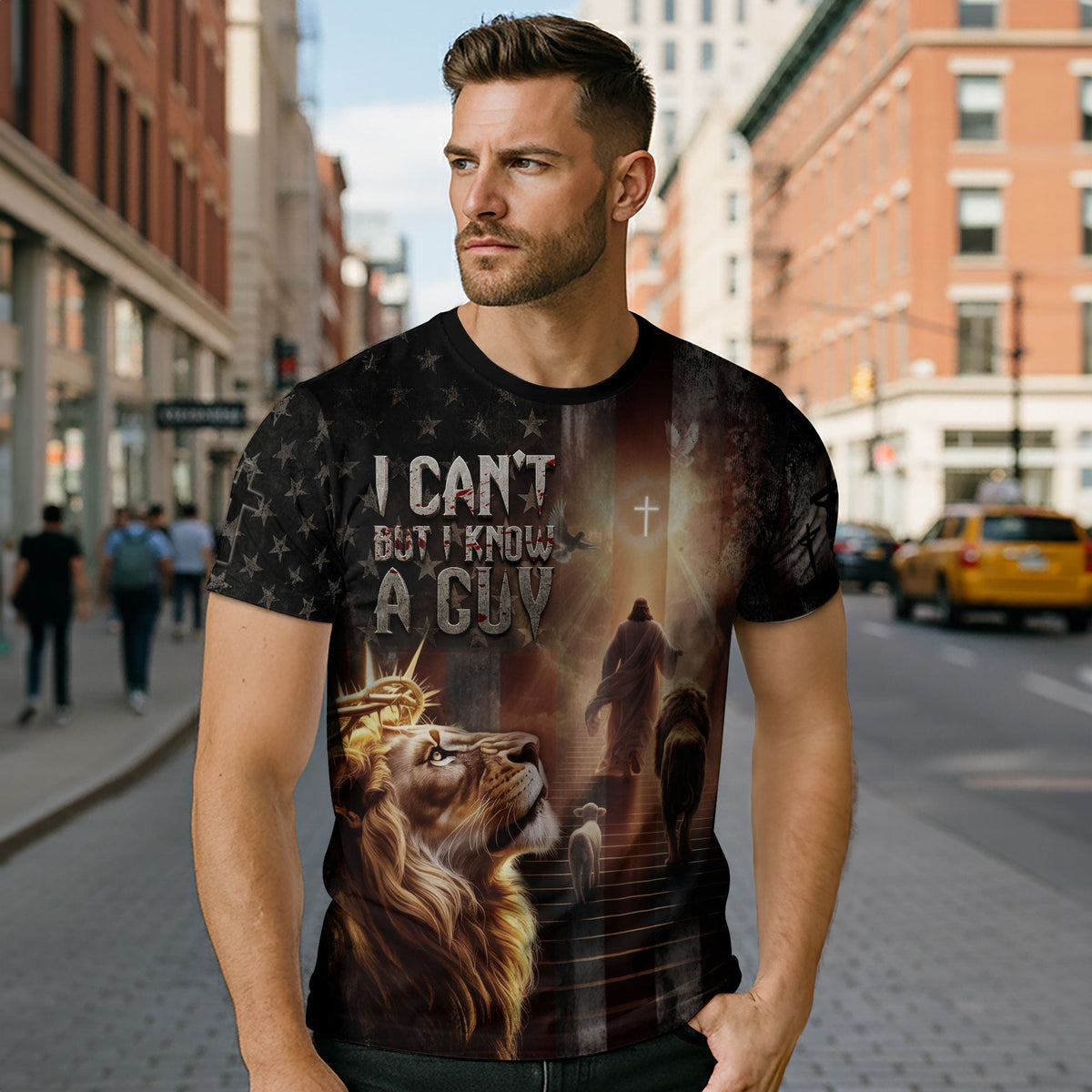 I Can’t But I Know A Guy Lion & Cross American Flag T-Shirt