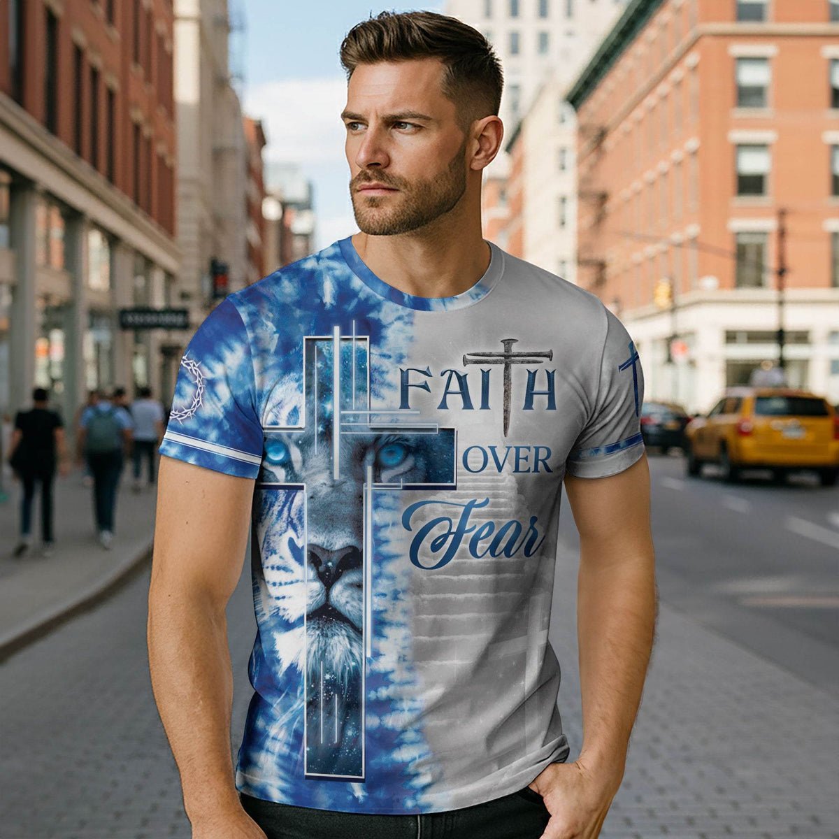 Faith Over Fear Blue Lion Cross Christian T-Shirt