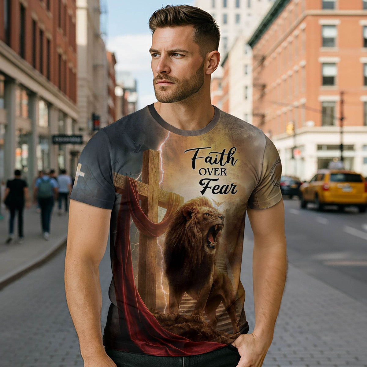 Faith Over Fear Lion Cross Christian T-Shirt