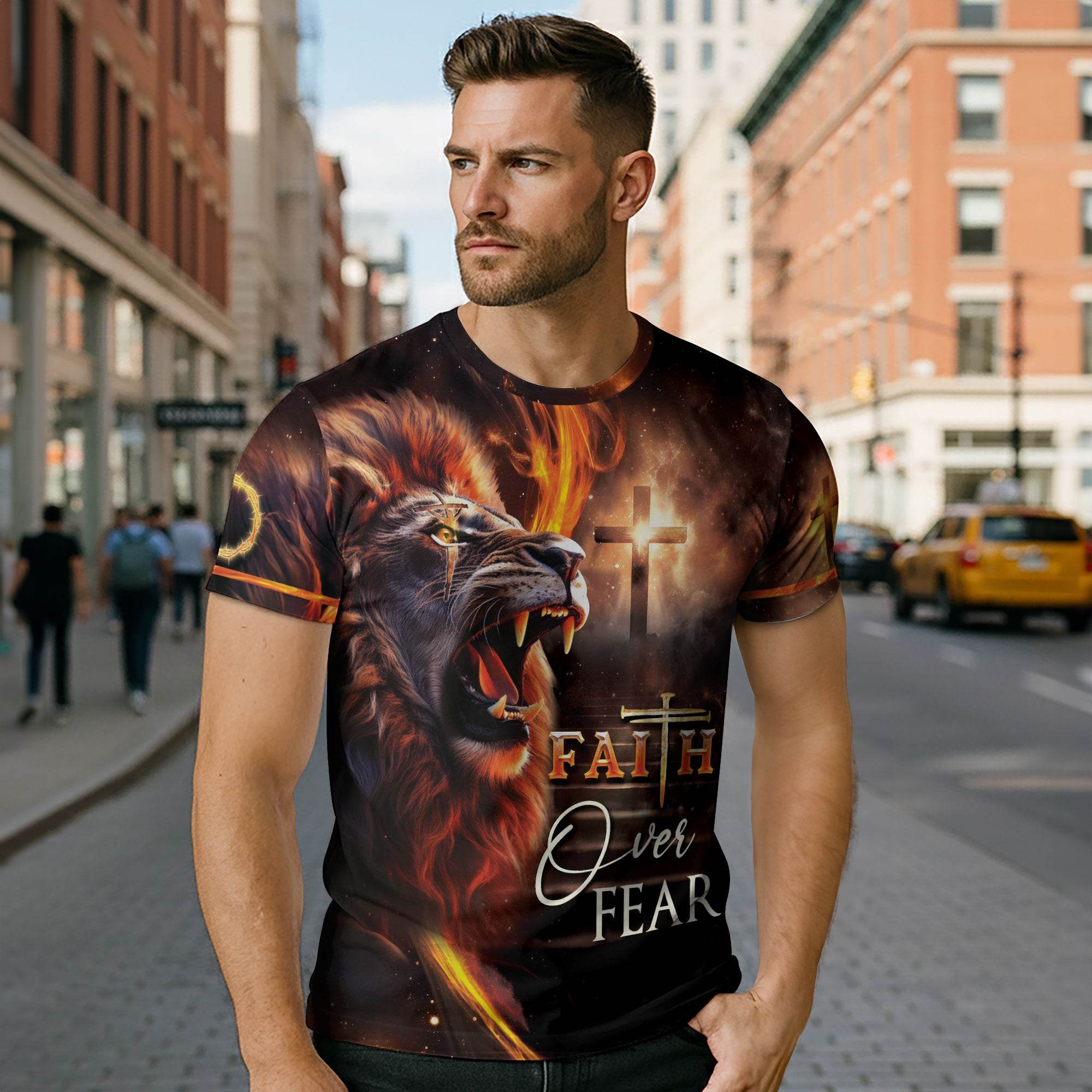 Faith Over Fear Fiery Lion & Cross Christian T-Shirt