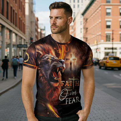 Faith Over Fear Fiery Lion & Cross Christian T-Shirt