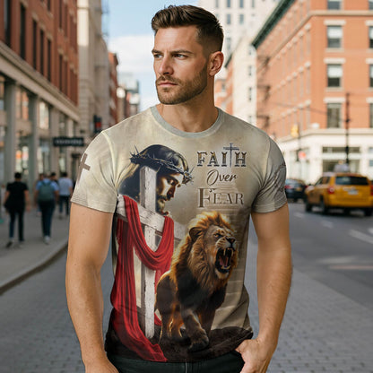 Faith Over Fear Jesus & Lion with Red Drape Christian T-Shirt