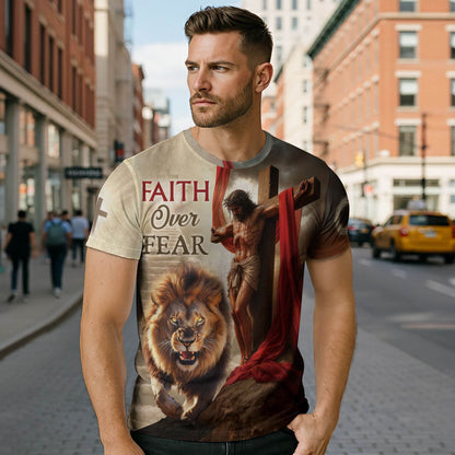 Faith Over Fear Jesus Lion & Cross Christian T-Shirt