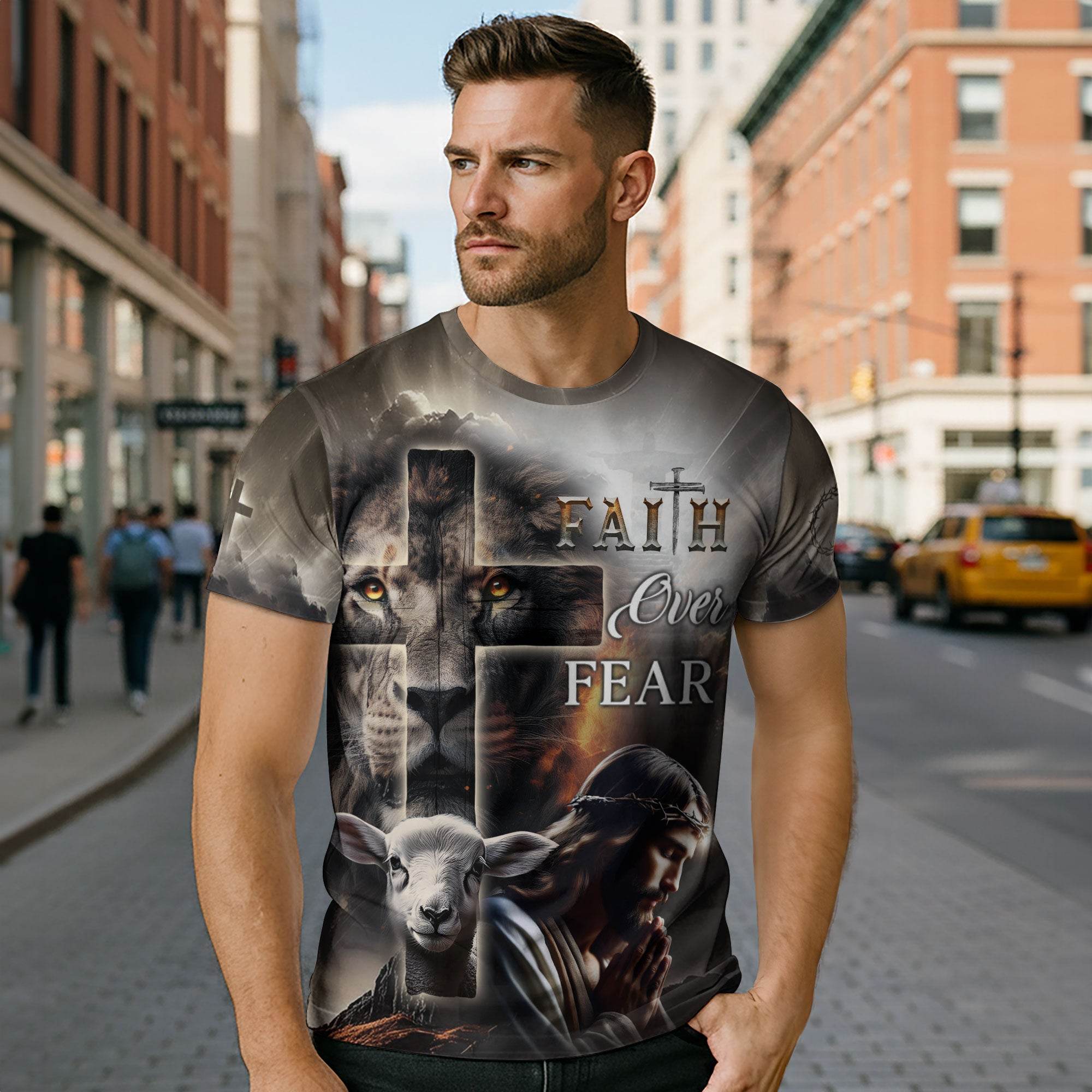 Faith Over Fear Lion Cross & Lamb Christian T-Shirt
