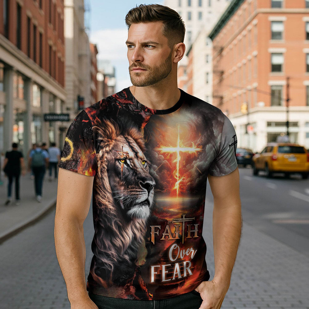 Lion & Fiery Cross Christian T-Shirt – Faith Over Fear Design