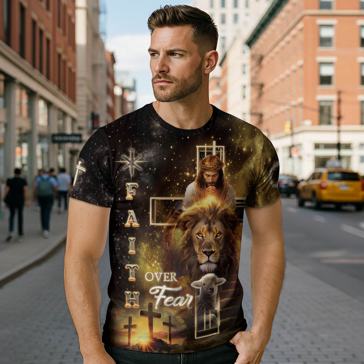 Faith Over Fear Golden Cross Christian T-Shirt
