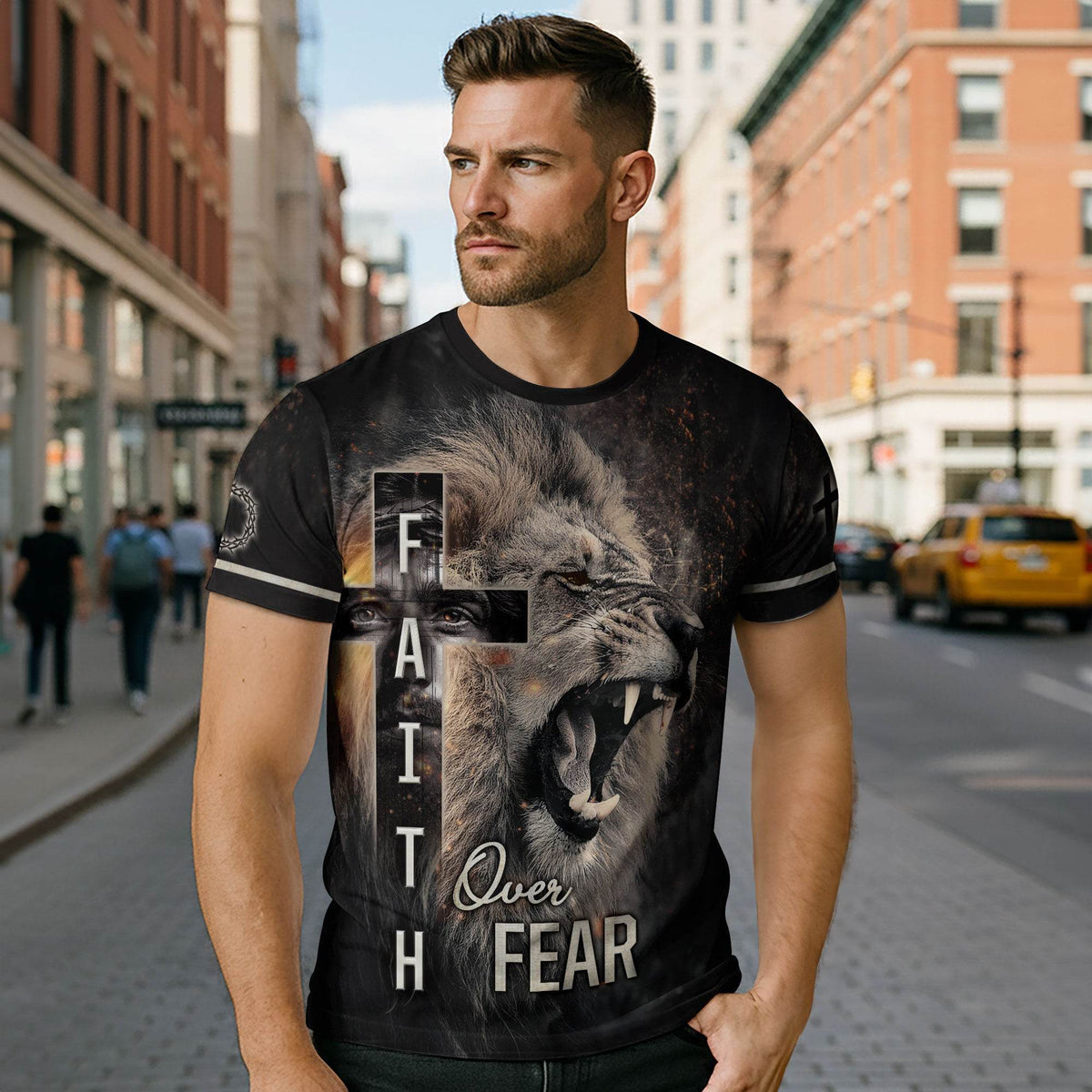 Roaring Lion & Cross Faith Over Fear Christian T-Shirt