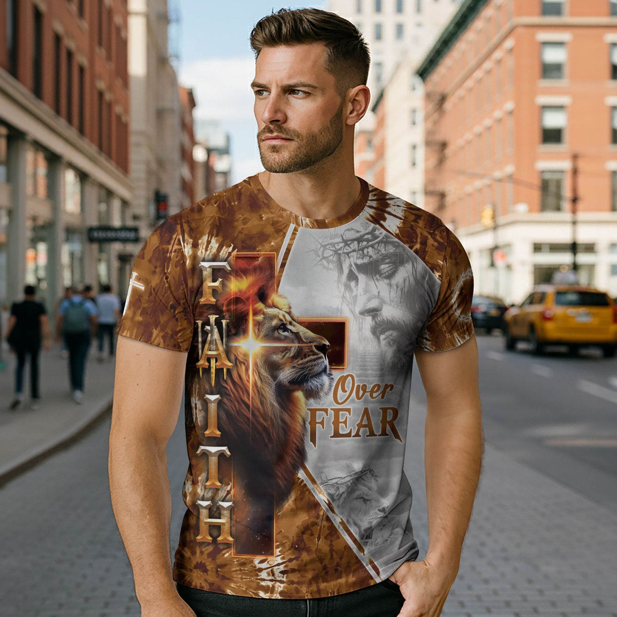 Faith Over Fear Lion & Jesus Cross Christian T-Shirt