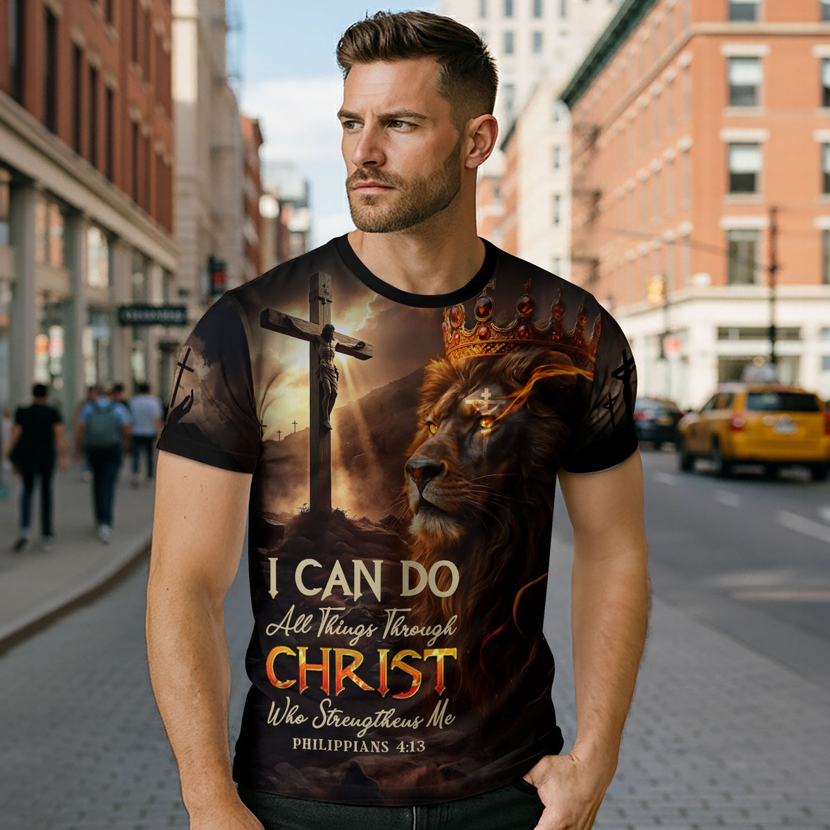 I Can Do All Things Through Christ Lion of Judah Cross Fire Christian T-Shirt