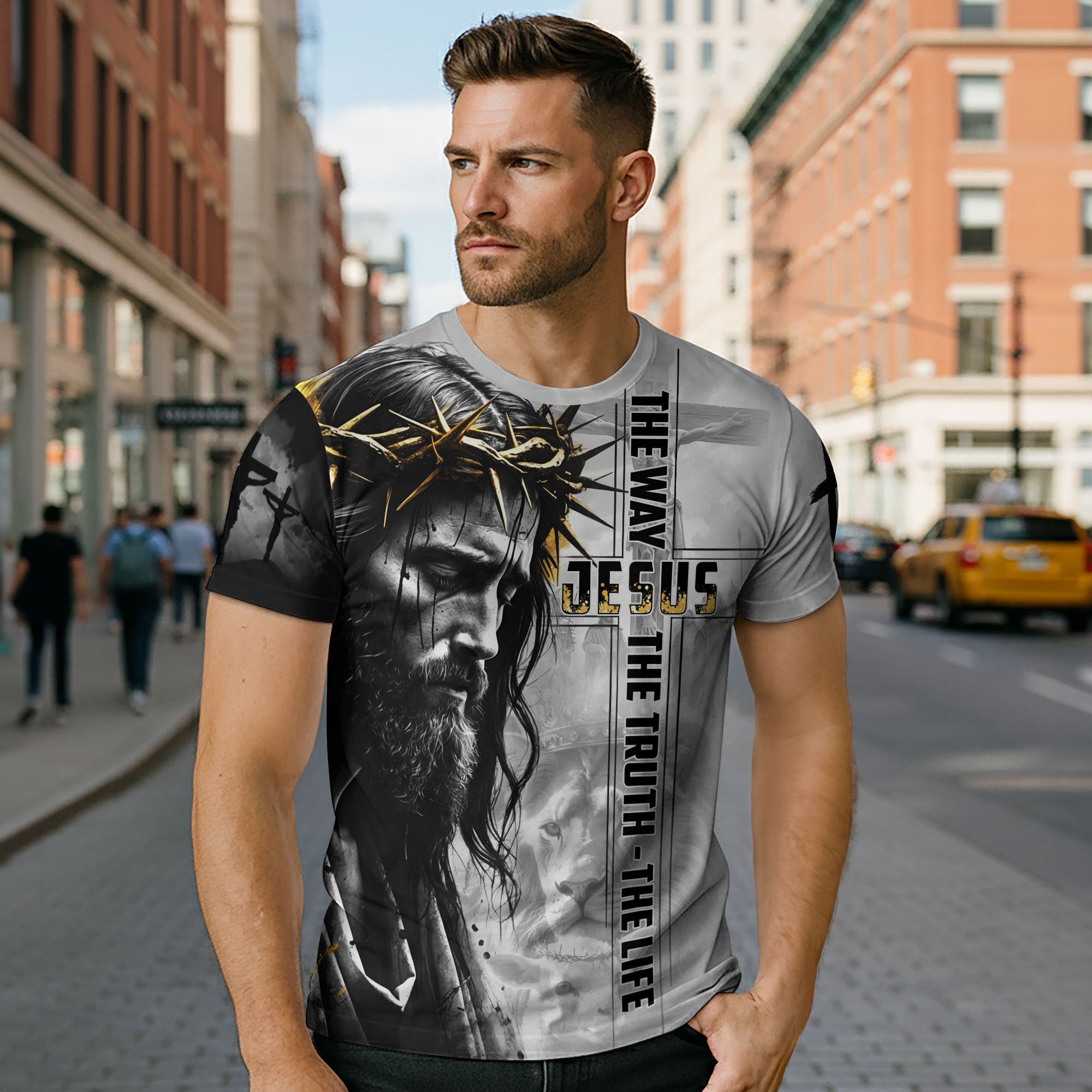 Jesus The Way The Truth The Life Black White Gold Lion Christian T-Shirt