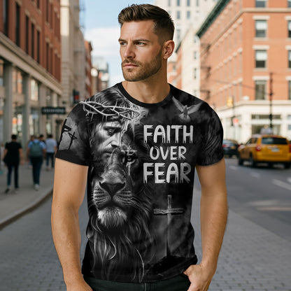 Faith Over Fear Jesus Lion of Judah Cross Christian T-Shirt