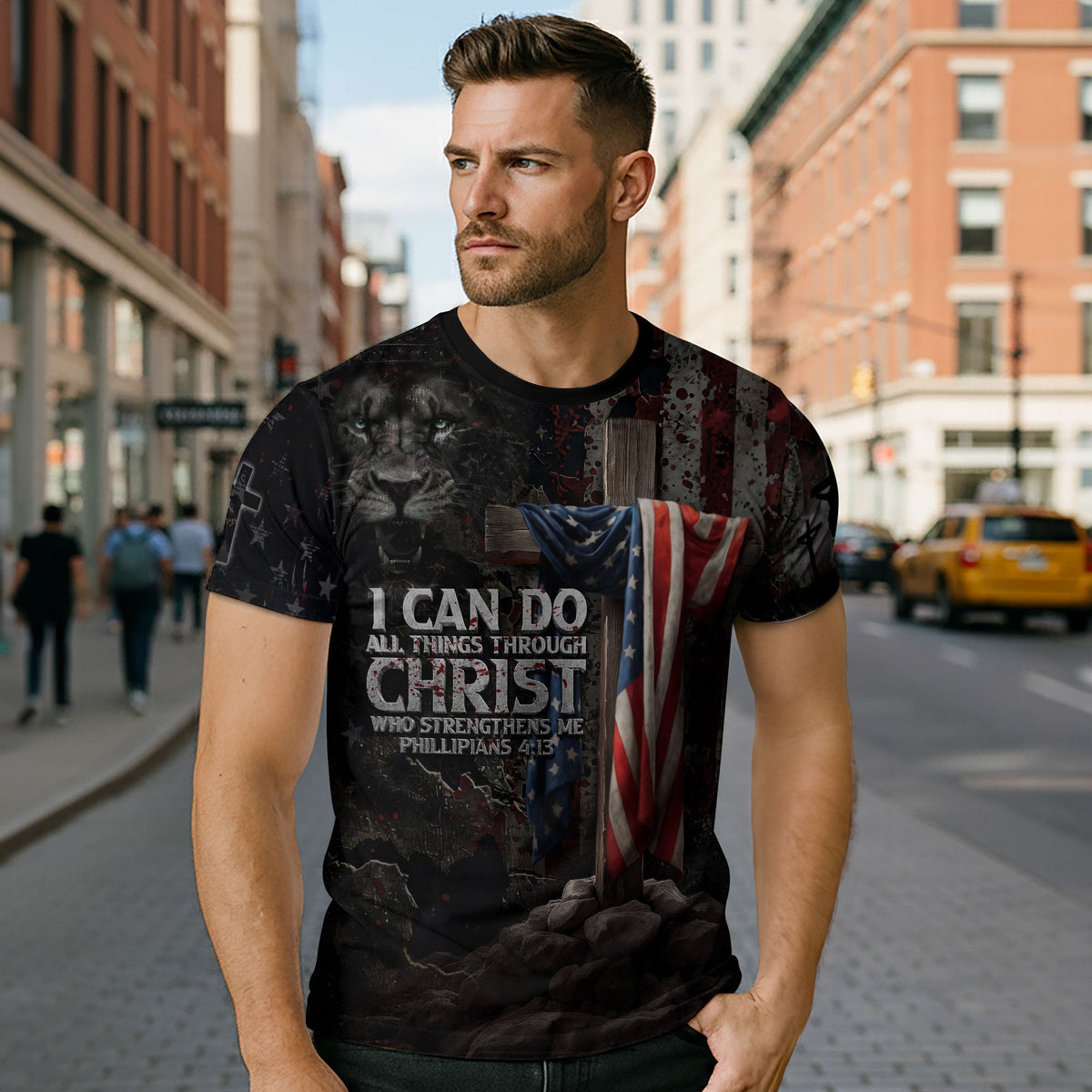 I Can Do All Things Through Christ American Flag Cross Jesus Lion Christian T-shirt