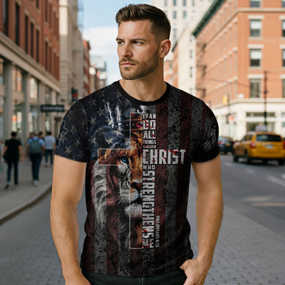 I Can Do All Things Through Christ American Flag Cross Lion Crown Christian T-Shirt
