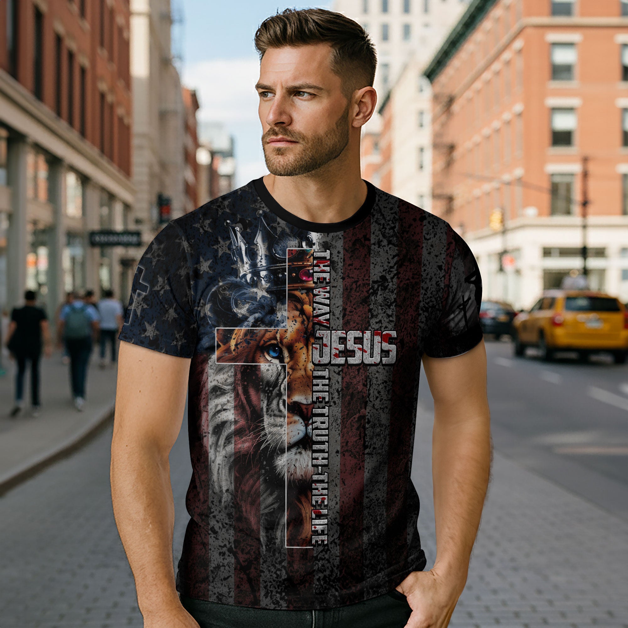 Jesus The Way The Truth The Life Lion Crown Cross American Flag Christian T-Shirt