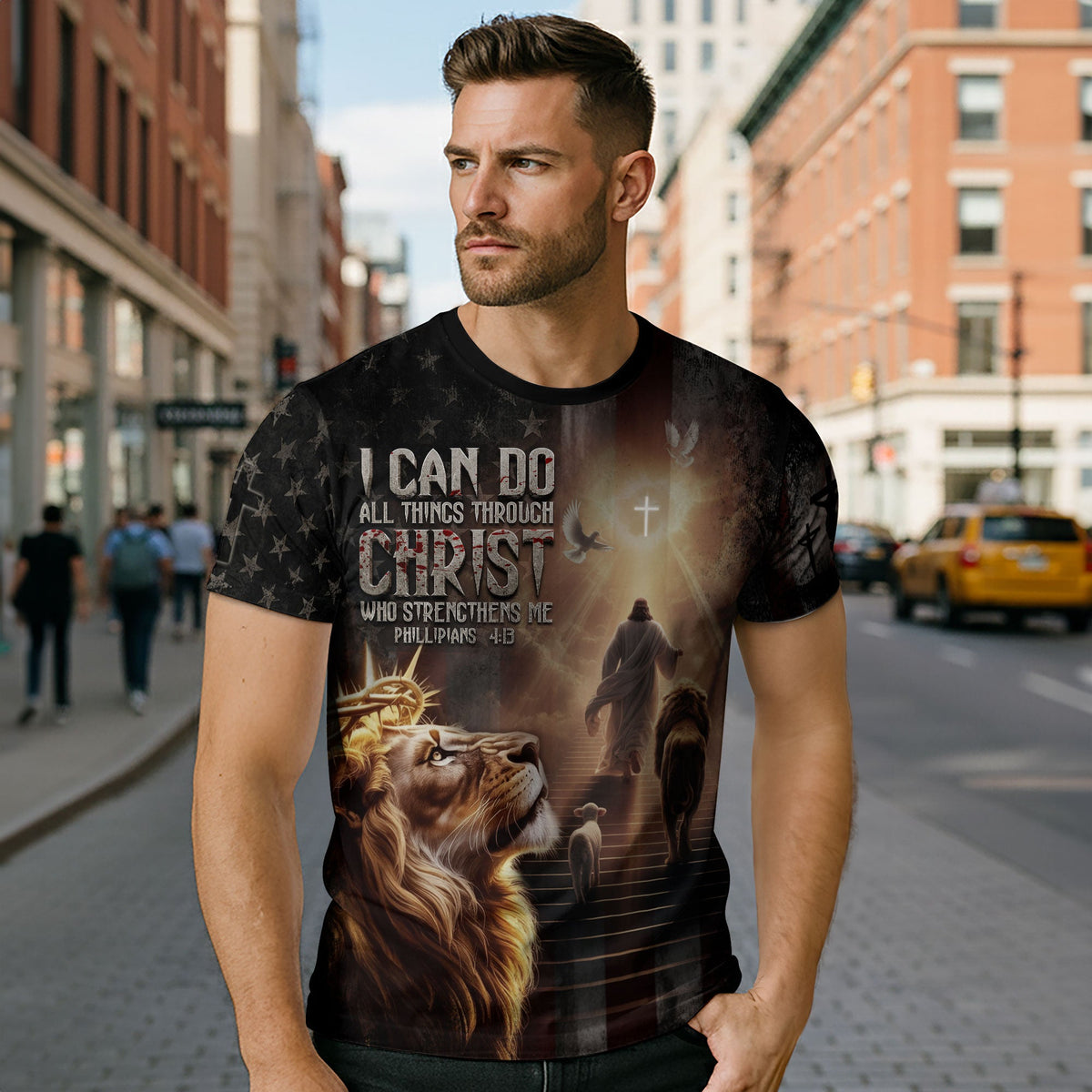 I Can Do All Things Through Christ Lion of Judah American Flag Christian T-Shirt