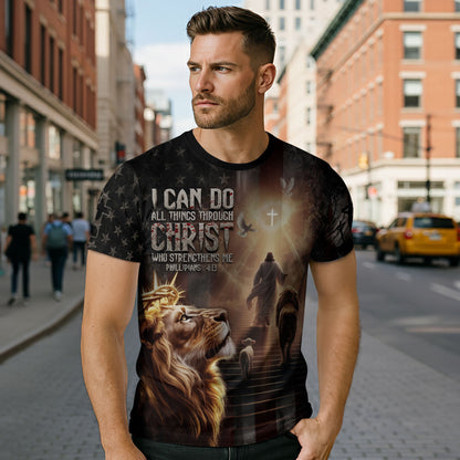 I Can Do All Things Through Christ Lion of Judah American Flag Christian T-Shirt