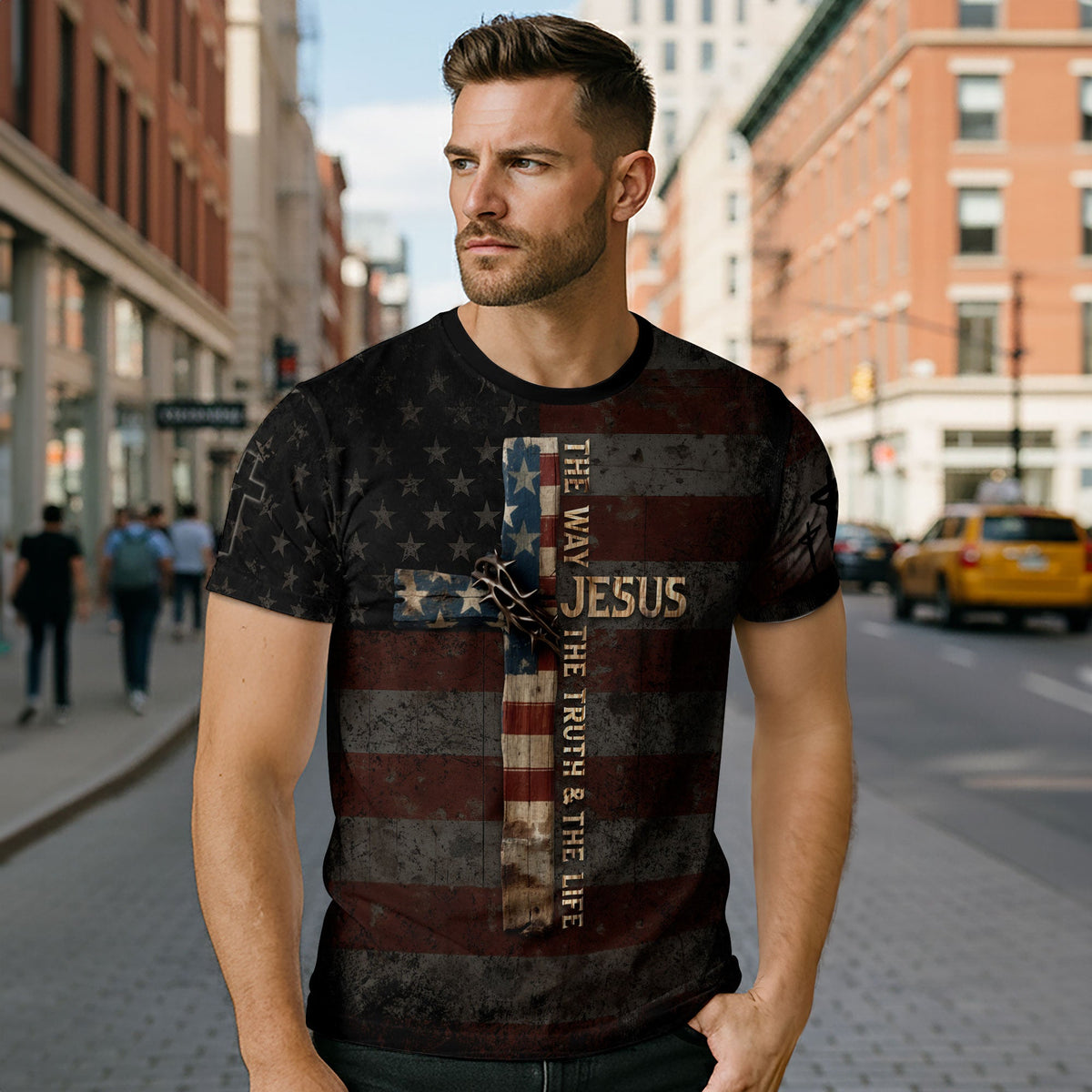 Jesus The Way The Truth The Life Cross American Flag Lion Christian T-Shirt