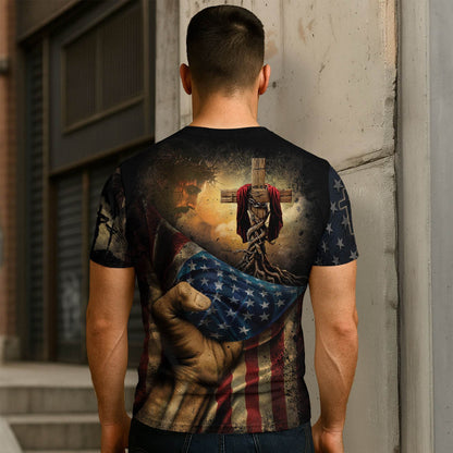 Rooted in Christ | Full Colossians 2:7 Cross & American Flag Tee